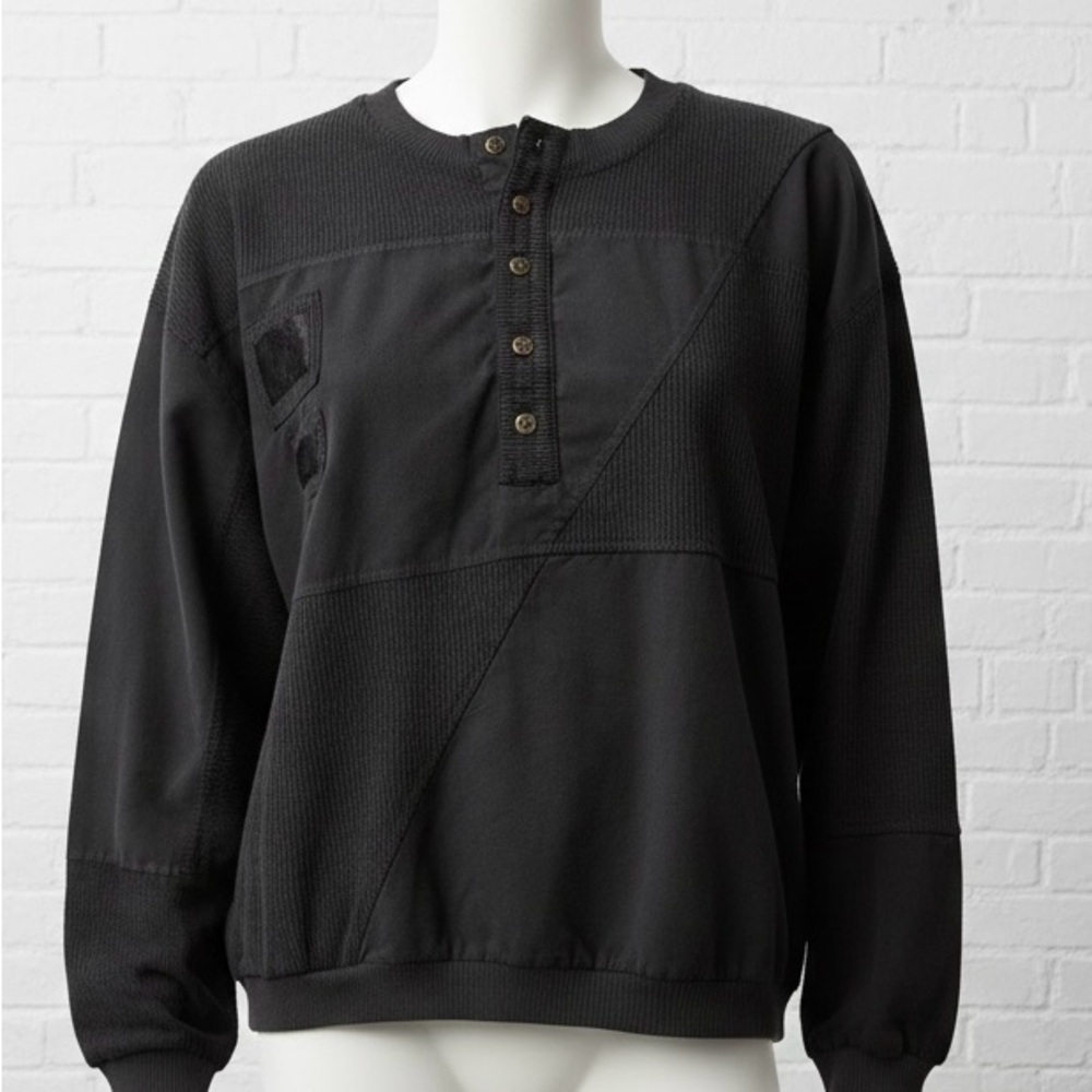 Vintage 80s Street Scenes Black Faded Mixed Texture Henley Sweater Large